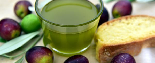 Olive Oil, olives and bread base of the mediterranean diet
